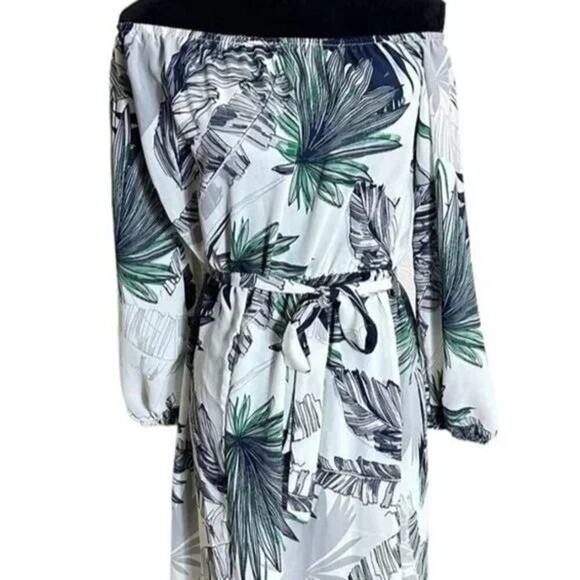 Boho Tropical Palm Print Off Shoulder Tie Maxi Dress 3/4 Sleeve S White Green - Picture 3 of 12